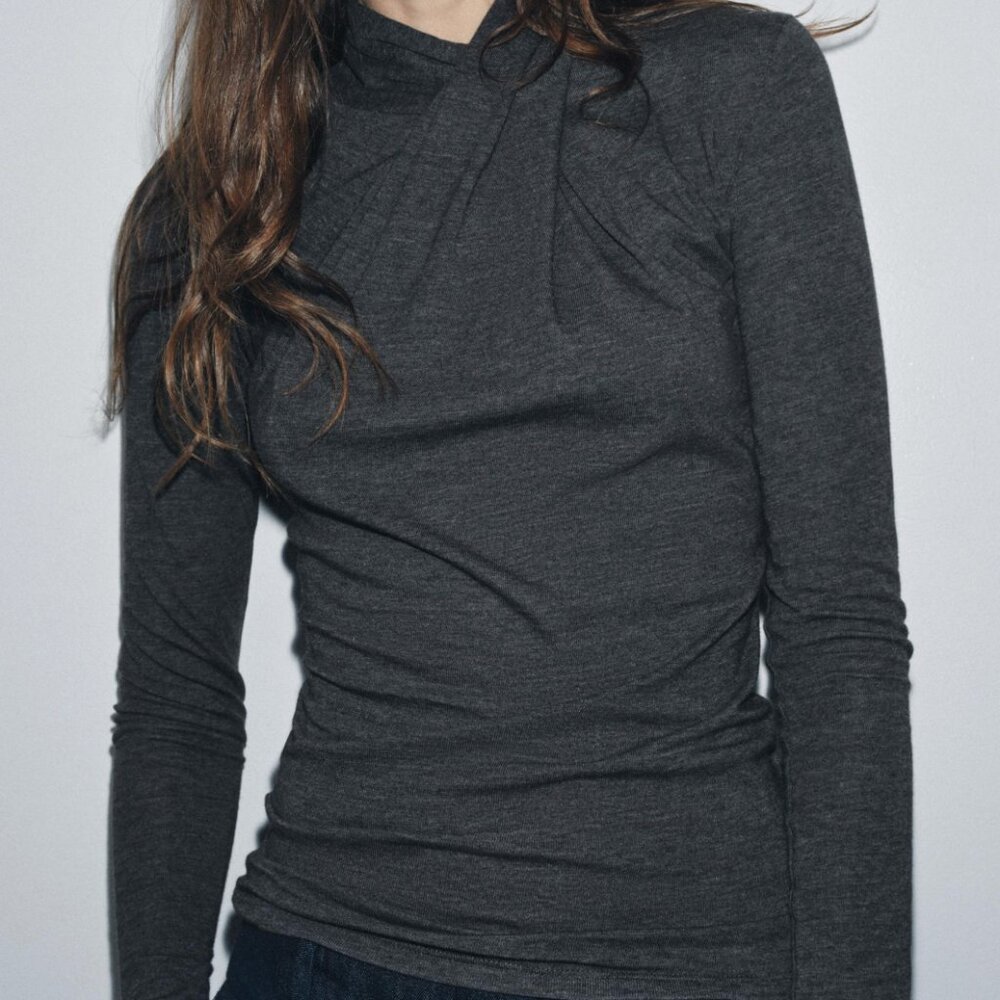 ZARA DRAPED FRONT T-SHIRT - Dark gray